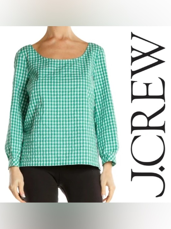 J. Crew Tops - J.Crew Seersucker Gingham Peasant Top In Green And White Size Small